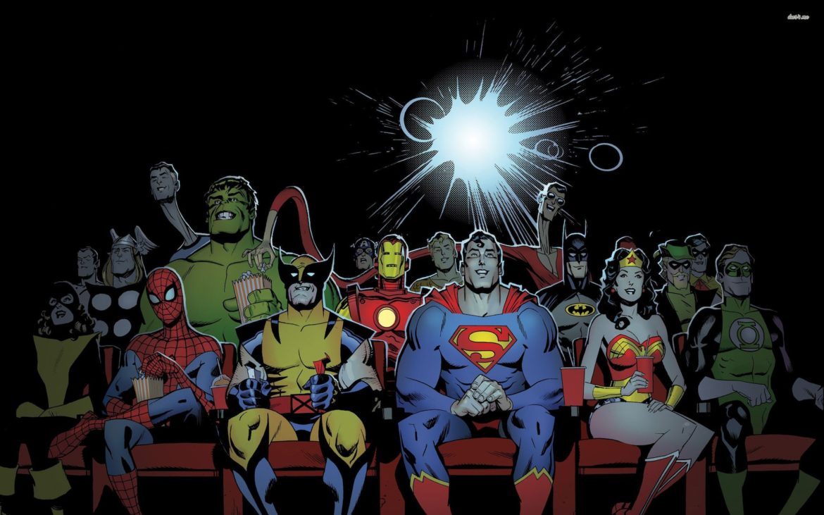 Marvel and DC superheros gather in an AMC Theaters movie theater, for $5 ticket tuesdays