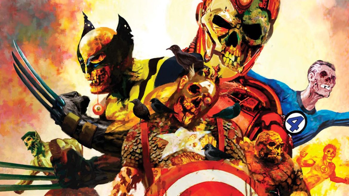 Wolverine, Iron Man, Colonel America, Thing and Mr Fantastic infected by zombie contagion in Marvel Zombies comic art