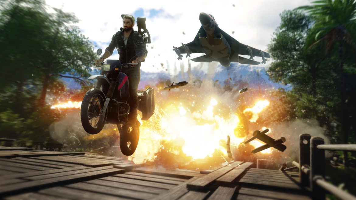 Rico from Just Cause 4 on a bike running from a jet