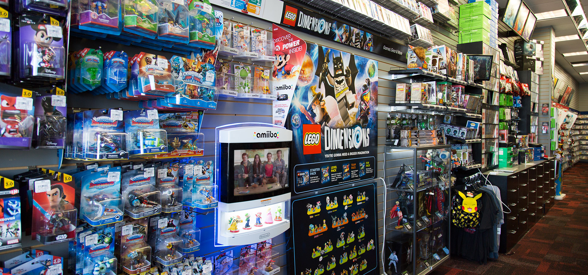 Inside a GameStop one normally finds used and new video games.