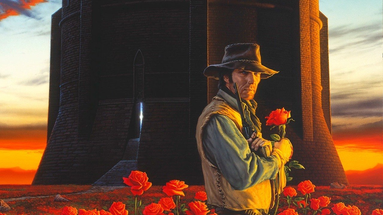 Gunslinger Roland in front of a tower with roses.