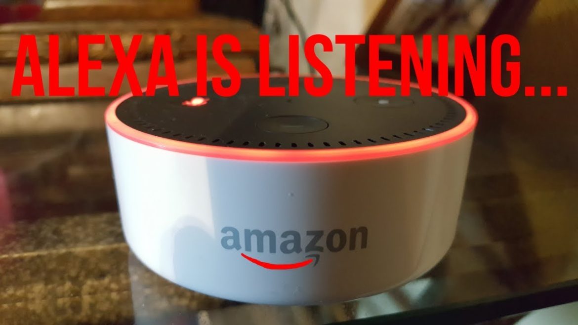 closeup of Amazon Echo and caption that says Alexa is Listening