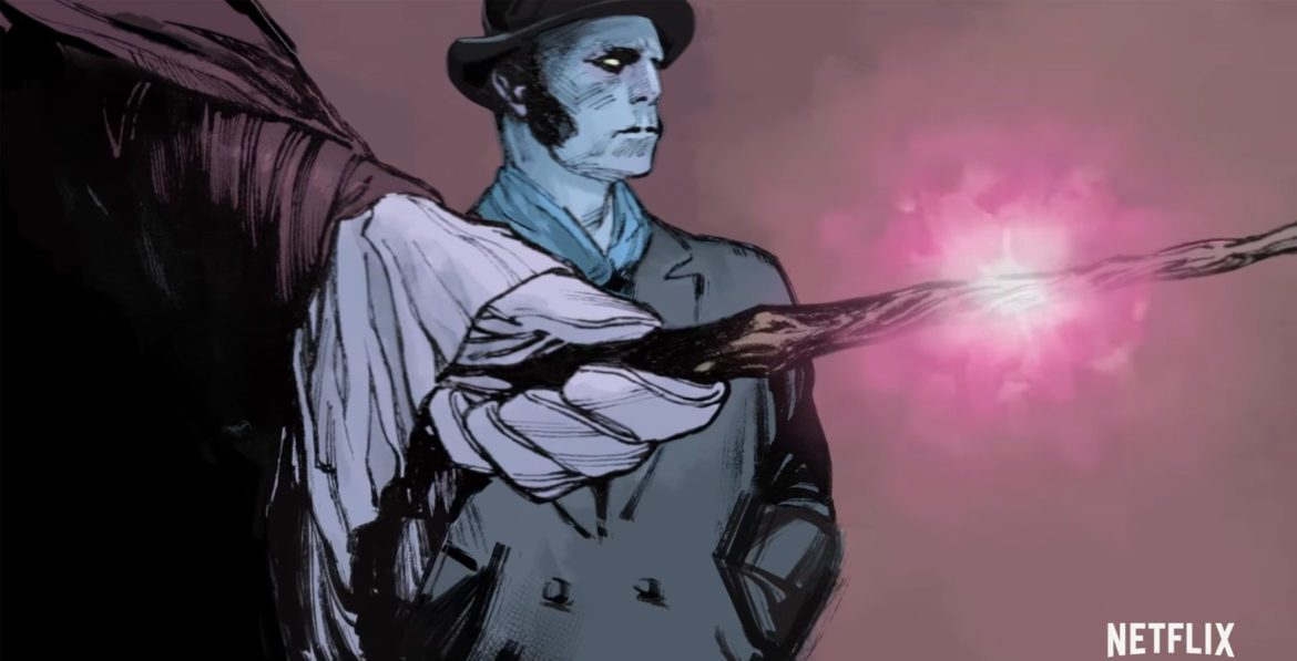 close up of a hand with a wand and a figure in the background in The Magic Order