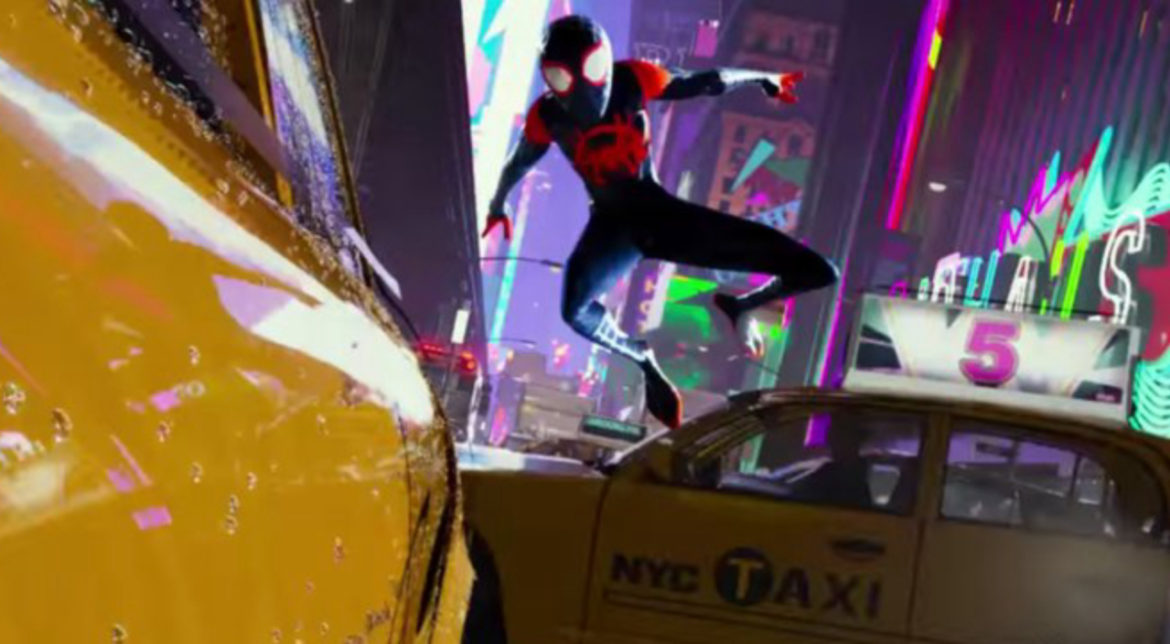 Miles Morales dodging cars in Sony Pictures Animation's SPIDER-MAN: INTO THE SPIDER-VERSE.