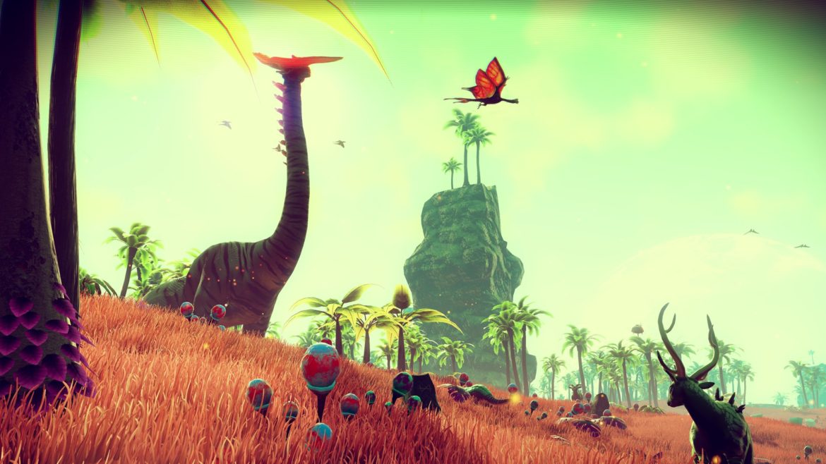 No Man's Sky, looking at a dinosaur