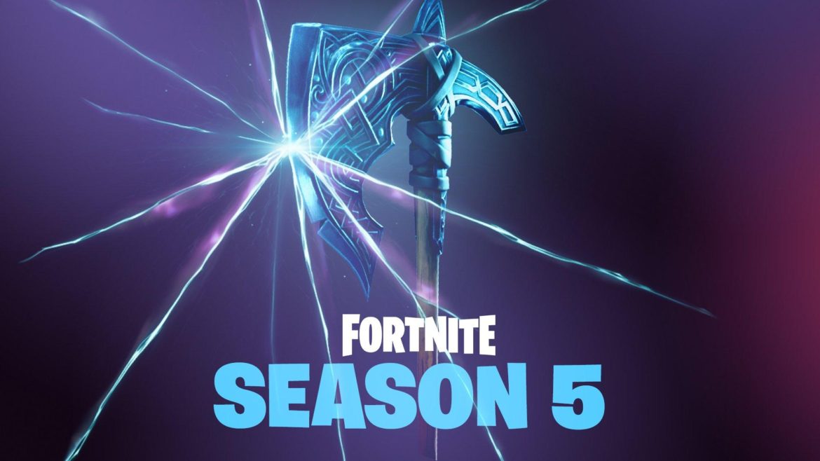 Fortnite Season Five teaser image showing a viking style ax with Celtic designs. The ax looks like it is striking glass and causing a crack to appear and stretch across the image